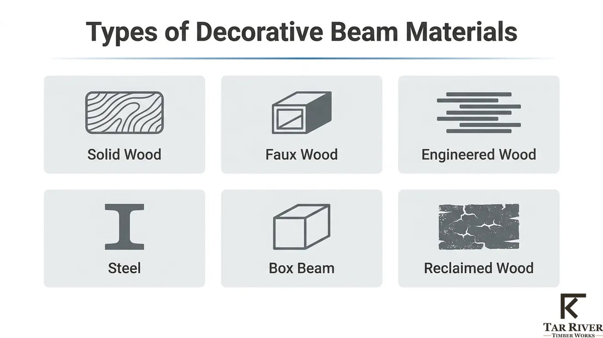 Decorative beam material types showing solid wood, faux wood, engineered wood, steel, box beam, and reclaimed wood.