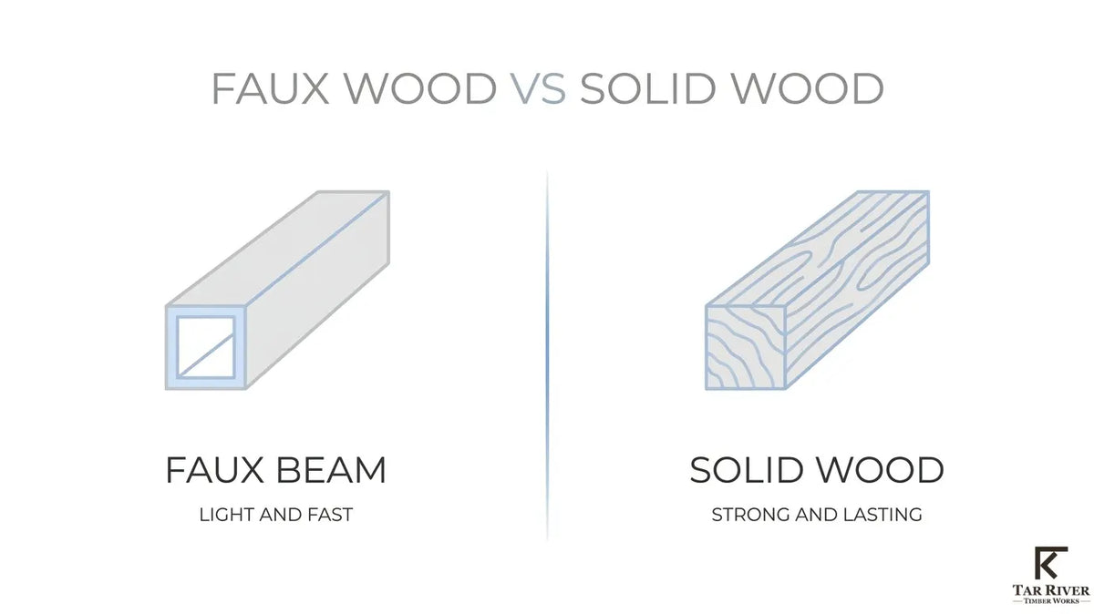 Side-by-side illustration comparing a lightweight hollow faux wood beam with a solid wood beam featuring natural grain.