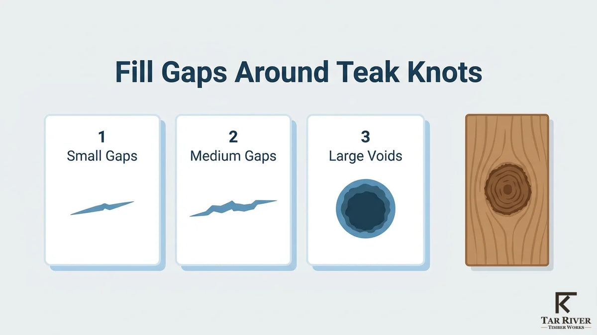 Guide to filling small gaps, medium gaps, and large voids around teak wood knots.