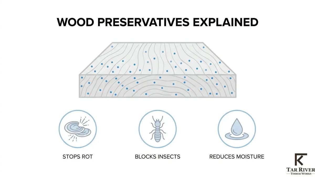 Wood preservative infographic explaining how treatment helps protect wood against rot, insects, and moisture.