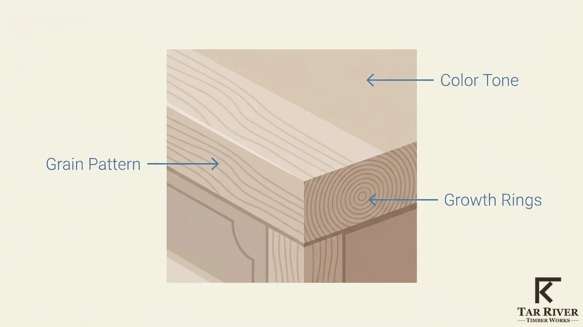 Wood identification guide showing grain pattern, color tone, and growth rings on a timber sample.