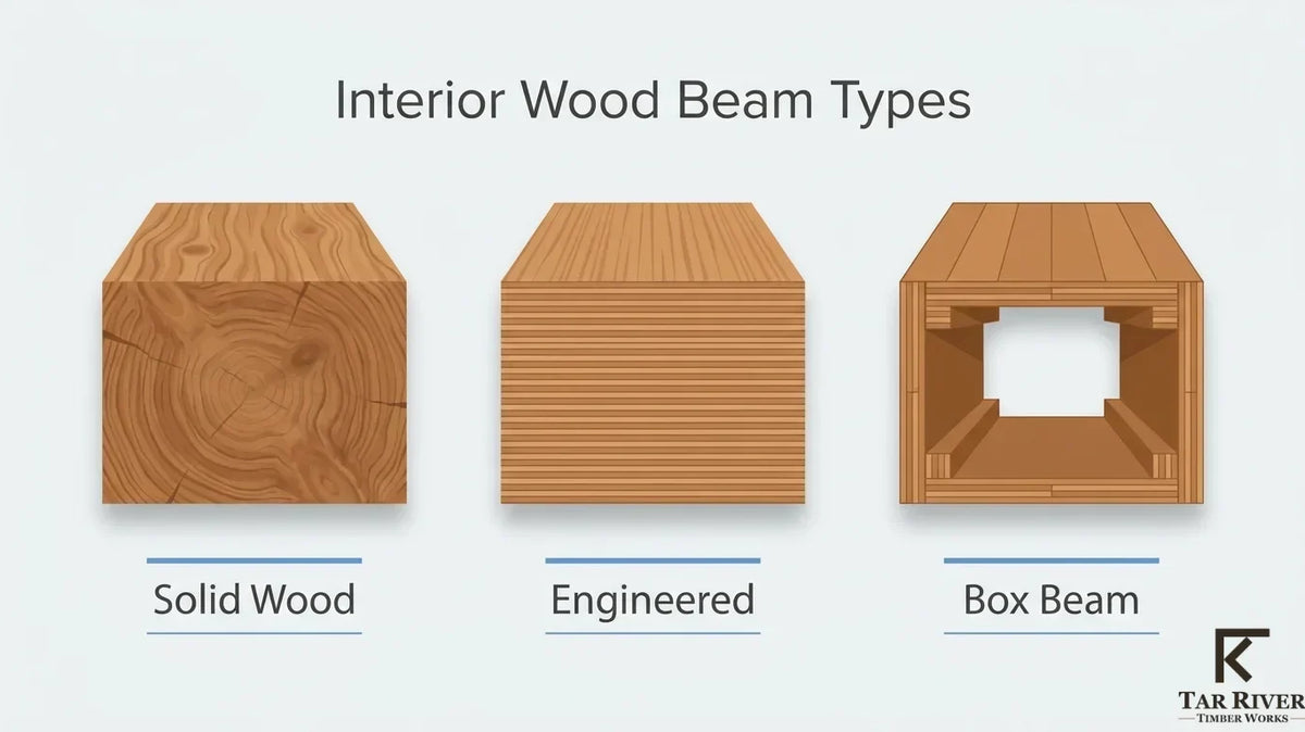 Interior wood beam types showing solid wood, engineered wood, and box beam construction.