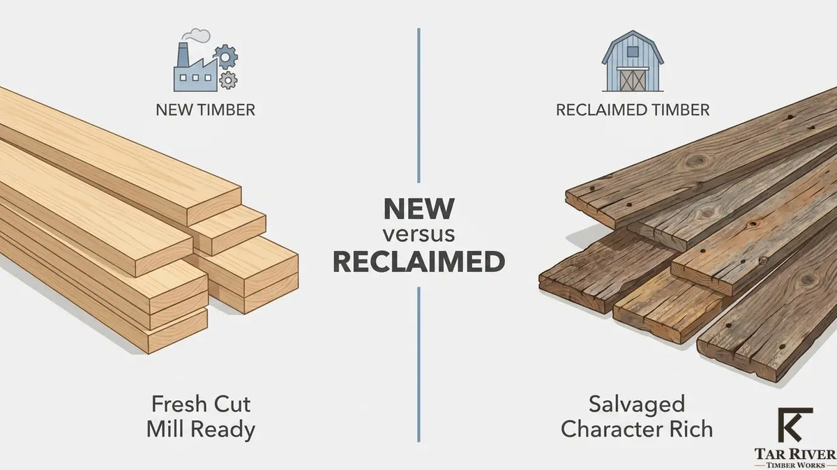 Comparison graphic showing new timber versus reclaimed timber, highlighting fresh cut mill-ready wood and salvaged character-rich reclaimed wood.