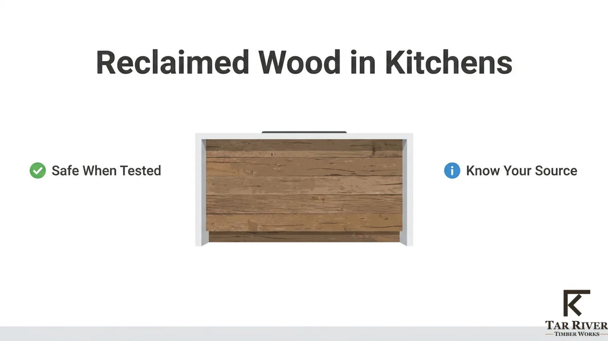 Reclaimed wood kitchen safety guide showing tested materials, source verification, and safe use considerations for kitchen applications.