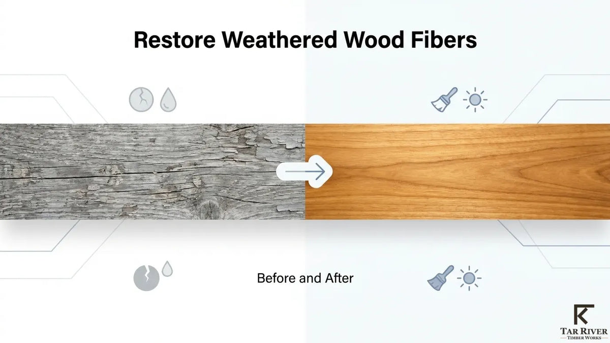 Before-and-after wood restoration image showing weathered gray timber restored to a smooth, warm natural wood finish.