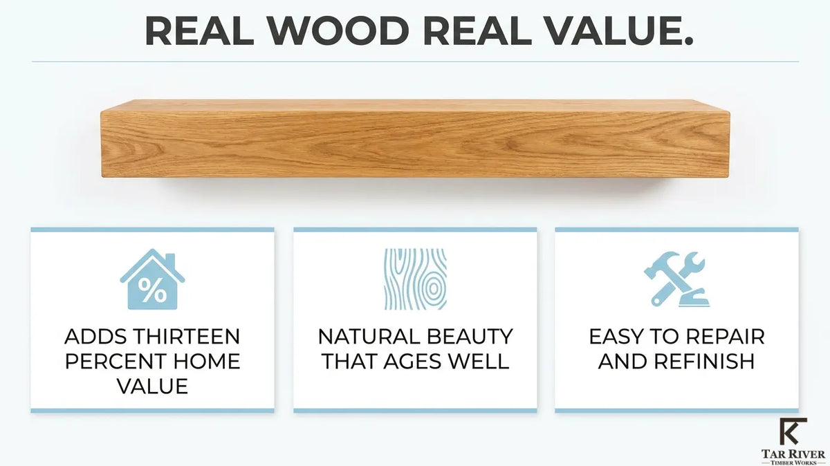 Solid wood mantel benefits including increased home value, natural beauty, and easy repair and refinishing.
