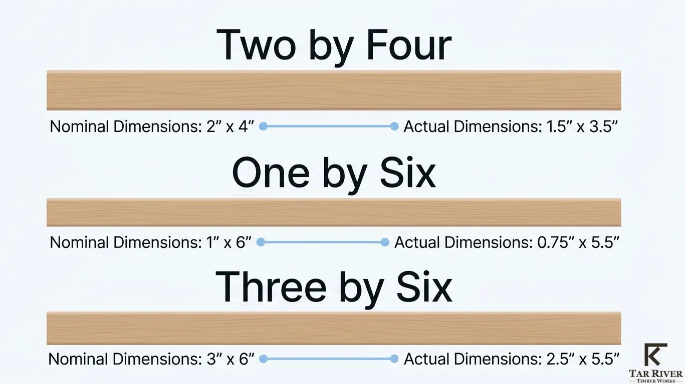 Nominal and actual dimensions for 2×4, 1×6, and 3×6 wood boards.
