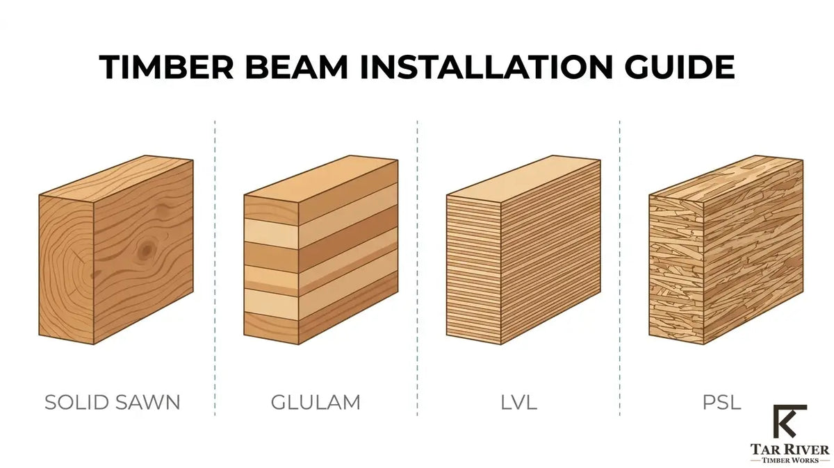Timber beam installation guide comparing solid-sawn, glulam, LVL, and PSL structural beams.