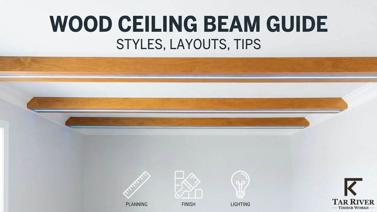 Wood Ceiling Beam Guide (Featured Image): Interior room featuring exposed natural wood ceiling beams with integrated lighting, highlighting wood ceiling beam styles, layouts, and design tips.