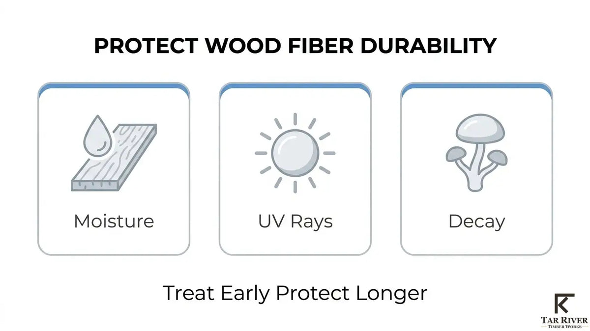 Wood durability infographic showing protection against moisture, UV exposure, and decay to help extend wood service life.