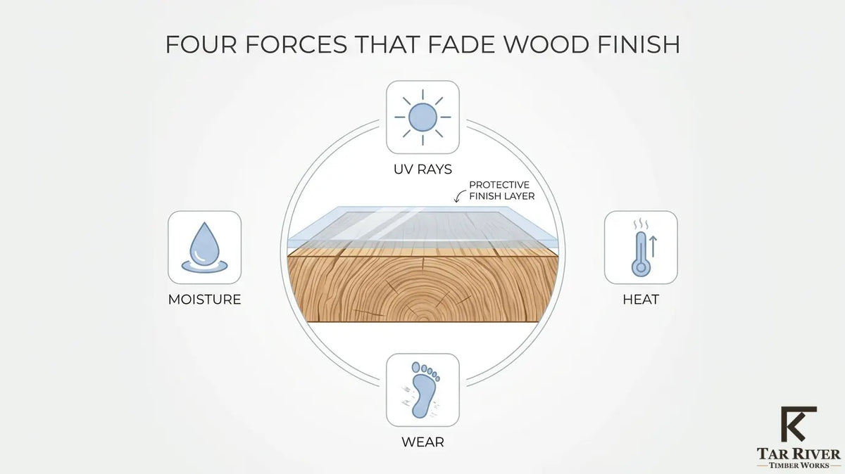 Four factors that fade wood finishes: UV rays, moisture, heat, and surface wear.