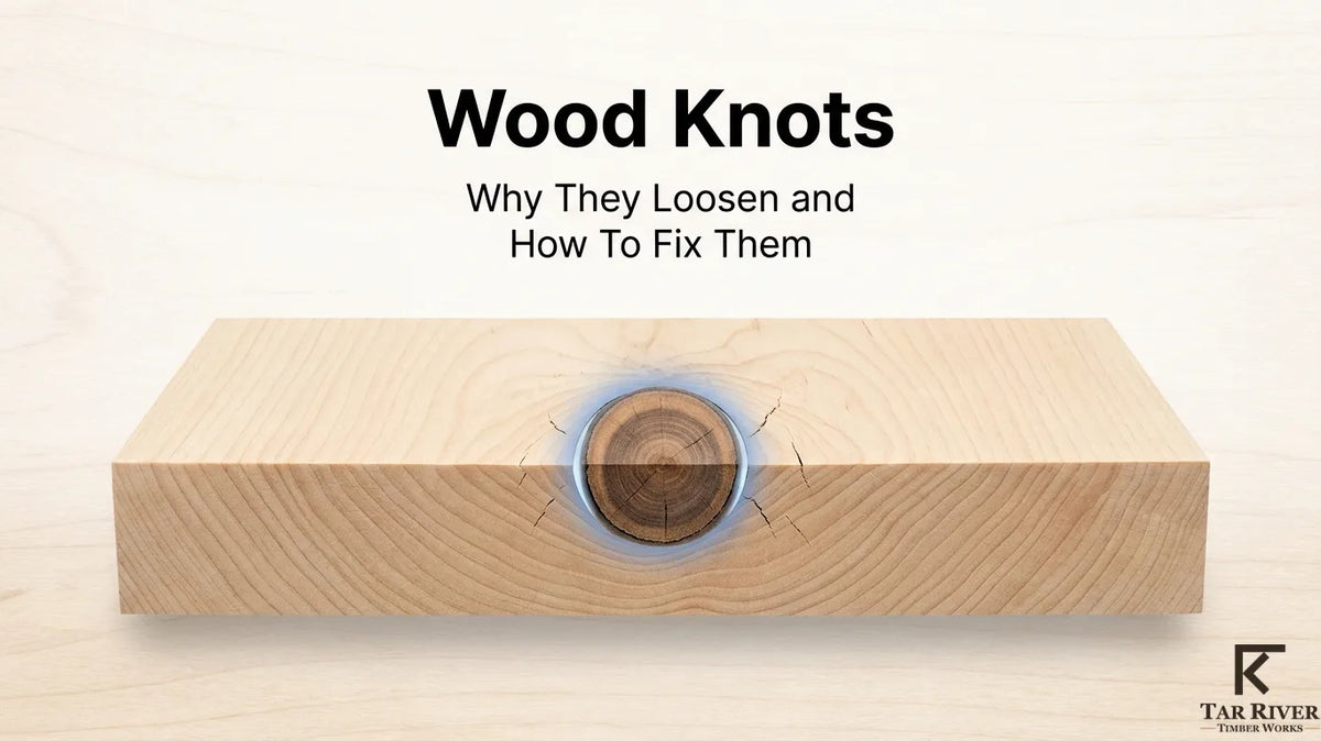 Close-up infographic showing a loose wood knot, explaining why knots loosen and how to repair them in lumber.