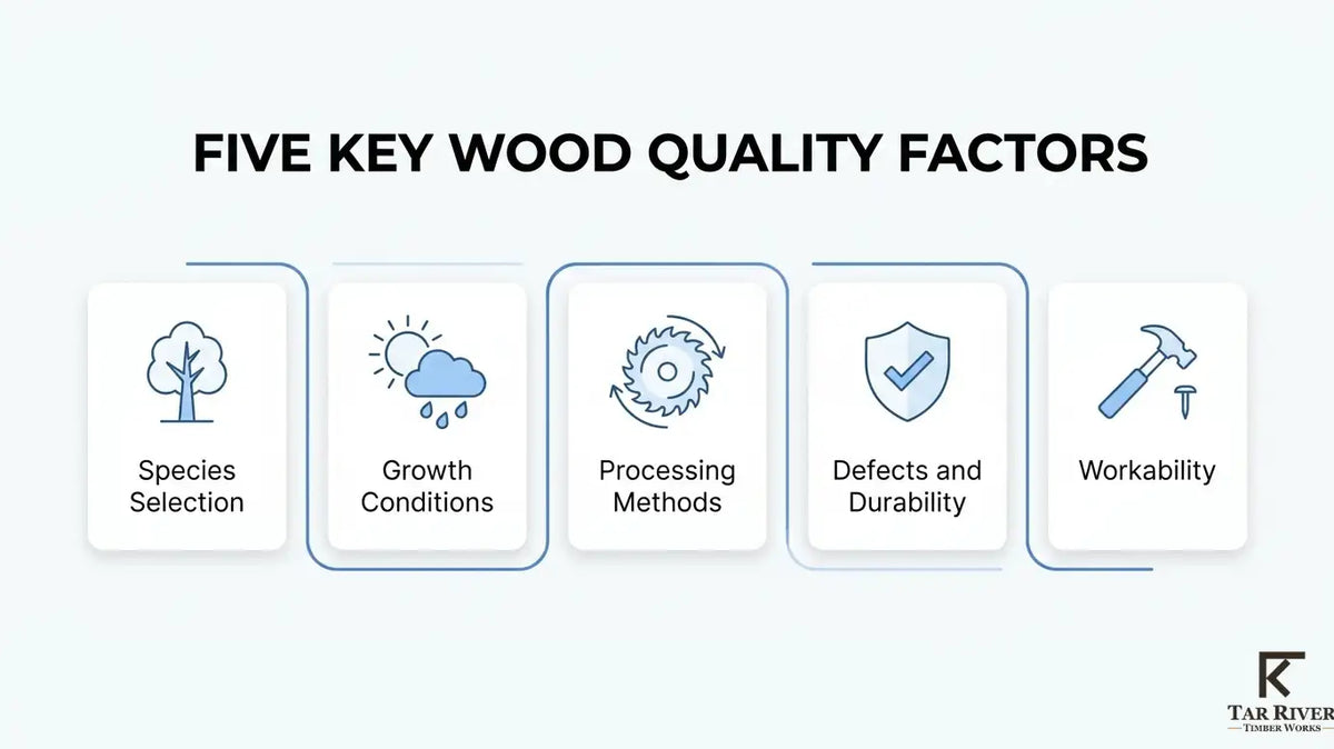 Five wood quality factors: species selection, growth conditions, processing methods, defects and durability, and workability.