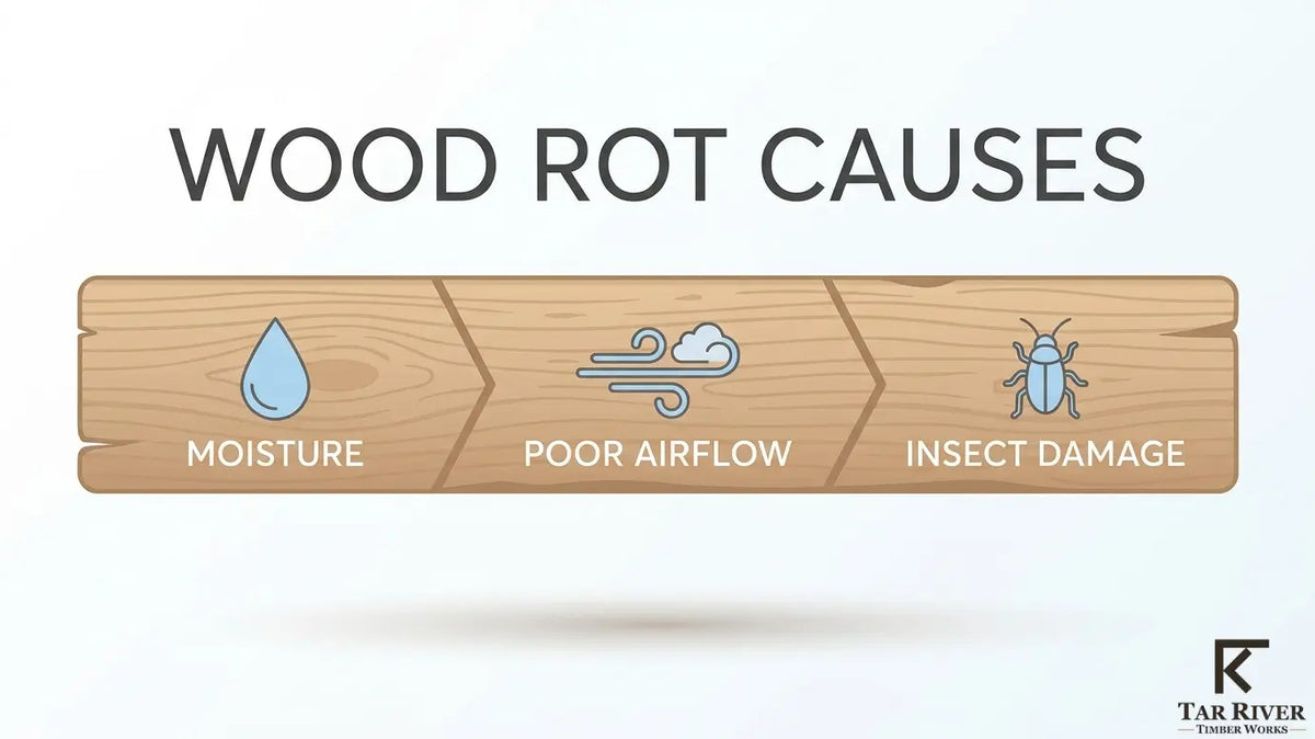 Wood rot causes including excess moisture, poor airflow, and insect damage.