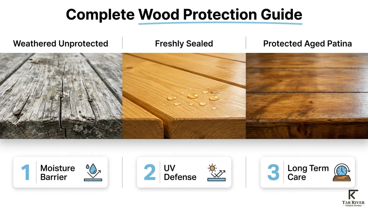 Complete wood protection guide comparing weathered unprotected wood, freshly sealed wood, and protected aged wood.