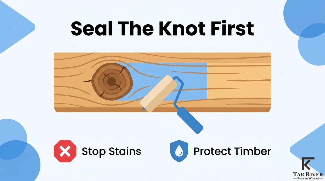 Applying knot sealer to a timber board to prevent stains and protect the wood before priming and painting.