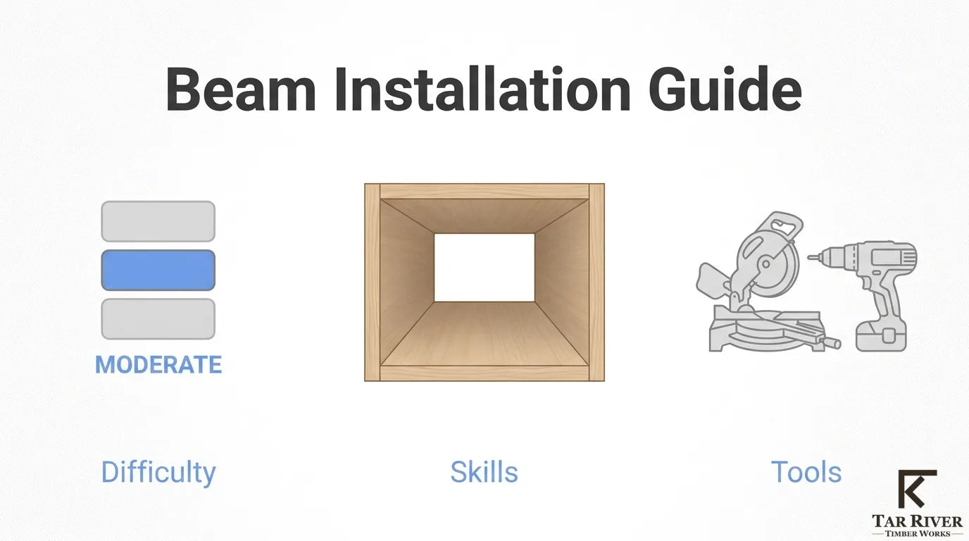 Decorative beam installation guide showing moderate difficulty, required skills, and tools.