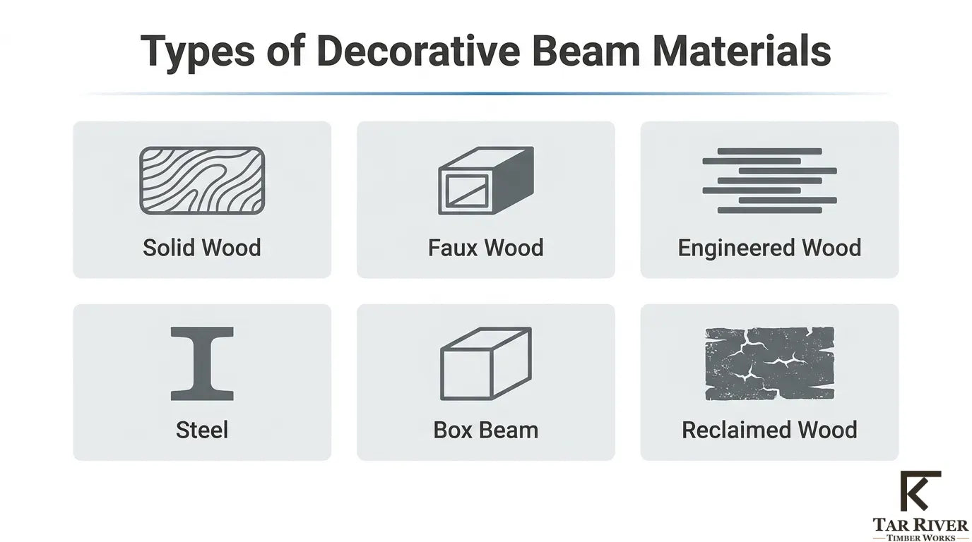 Decorative beam material types showing solid wood, faux wood, engineered wood, steel, box beam, and reclaimed wood.