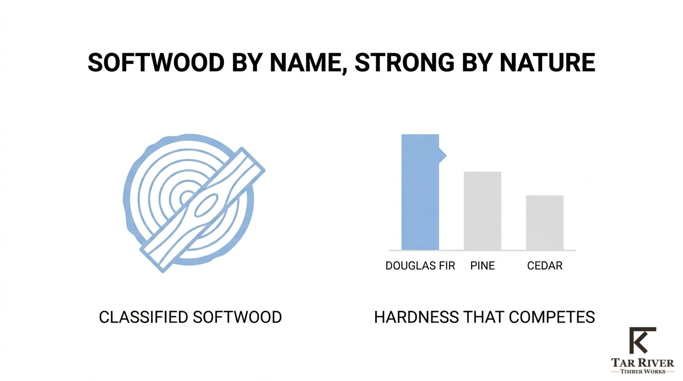 Douglas fir classified as a softwood with strength and hardness compared with pine and cedar.