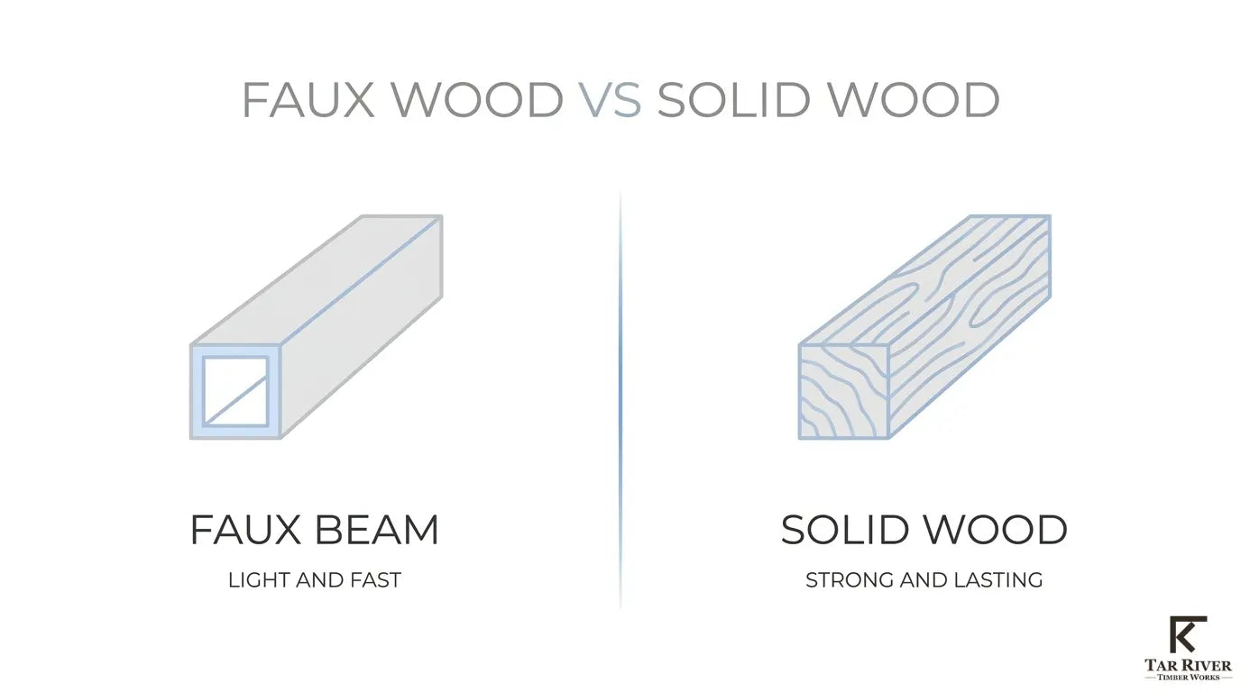 Side-by-side illustration comparing a lightweight hollow faux wood beam with a solid wood beam featuring natural grain.
