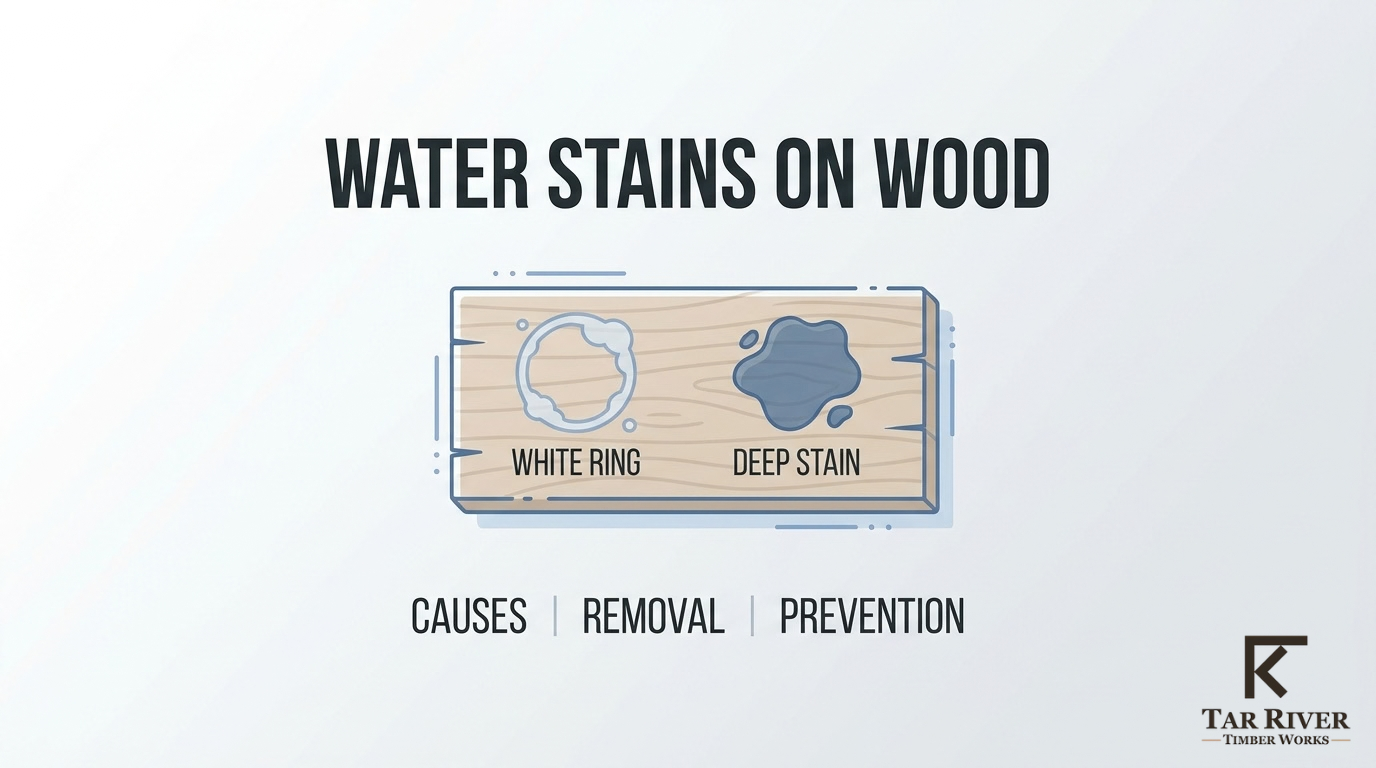 Water stains on wood showing a white ring and deep dark stain with causes, removal, and prevention.