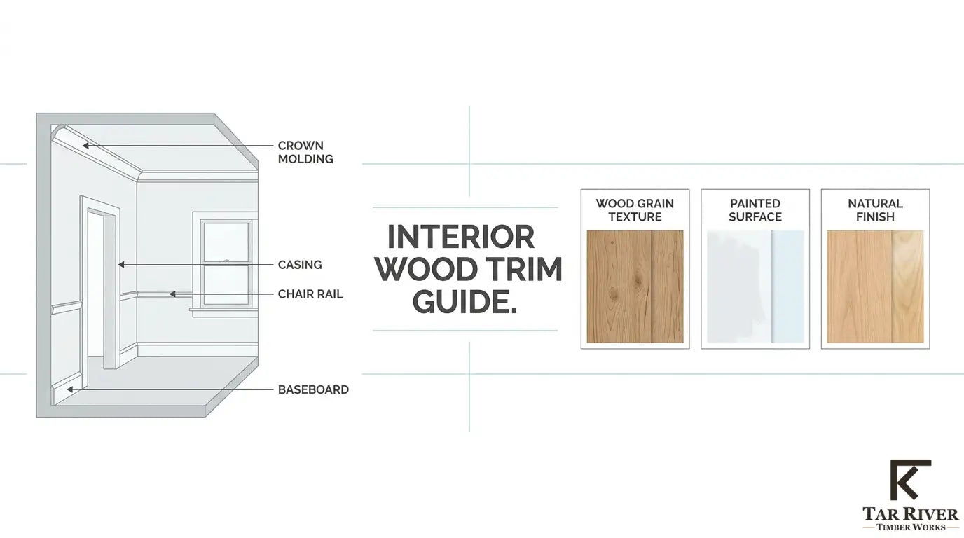 Interior wood trim guide showing crown molding, casing, chair rail, baseboard, wood grain, painted, and natural finishes.