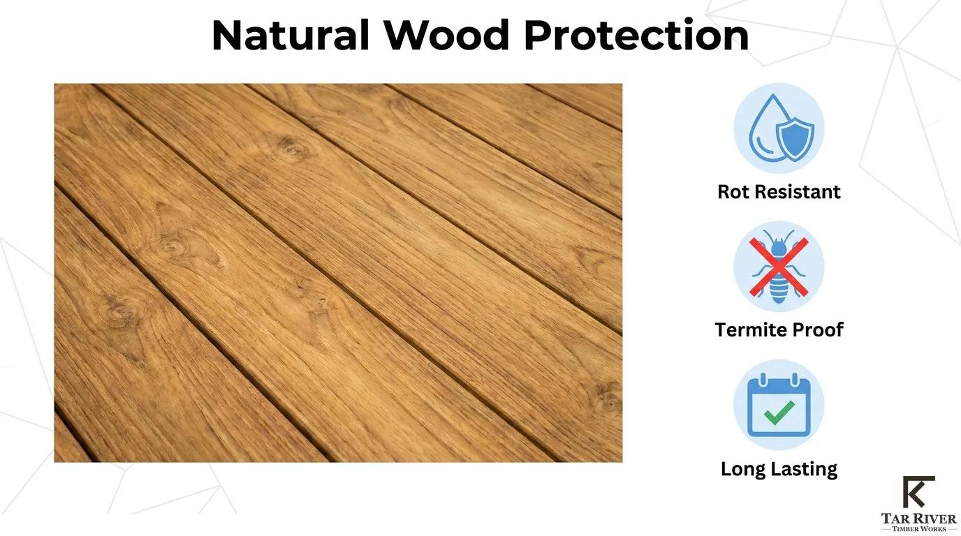 Natural wood decking showing rot resistance, termite resistance, and long-lasting durability.