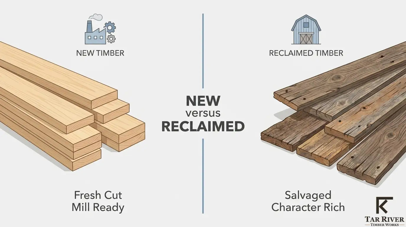 Comparison graphic showing new timber versus reclaimed timber, highlighting fresh cut mill-ready wood and salvaged character-rich reclaimed wood.