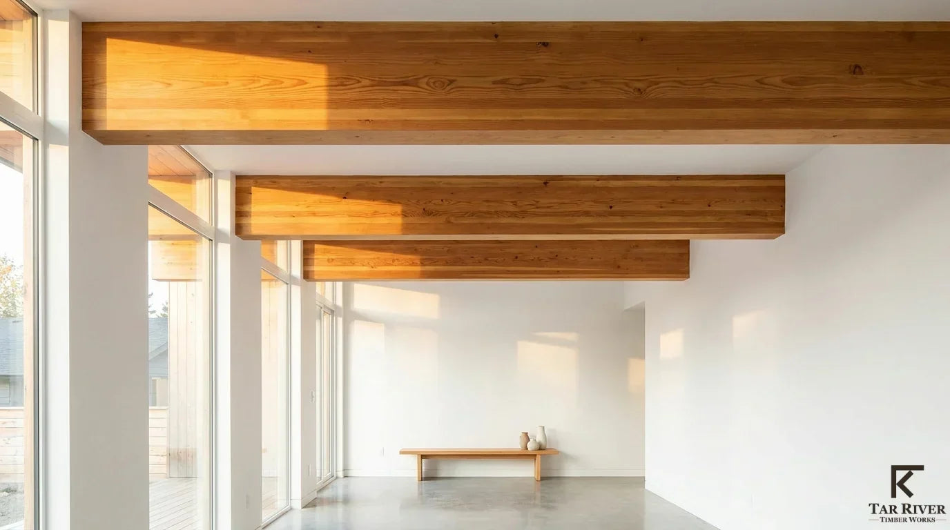 Exposed natural wood ceiling beams in a bright modern interior with large windows.