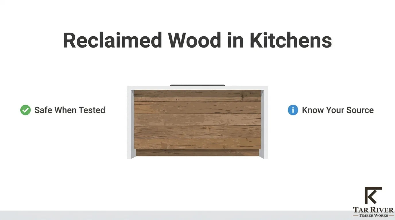 Reclaimed wood kitchen safety guide showing tested materials, source verification, and safe use considerations for kitchen applications.