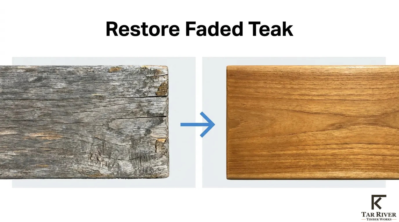 Teak weather preparation comparison showing protected golden teak beside naturally weathered gray teak.