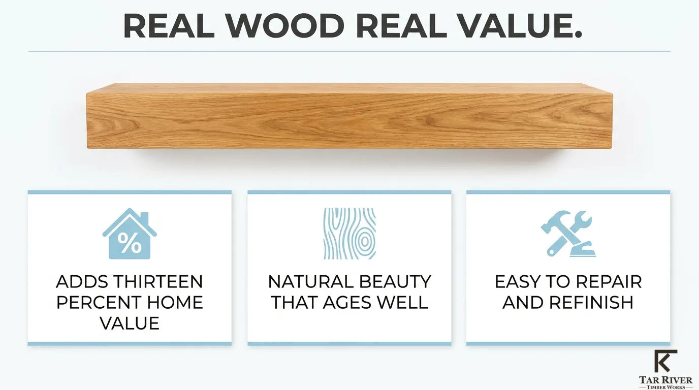 Solid wood mantel benefits including increased home value, natural beauty, and easy repair and refinishing.