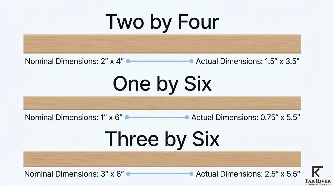 Nominal and actual dimensions for 2×4, 1×6, and 3×6 wood boards.