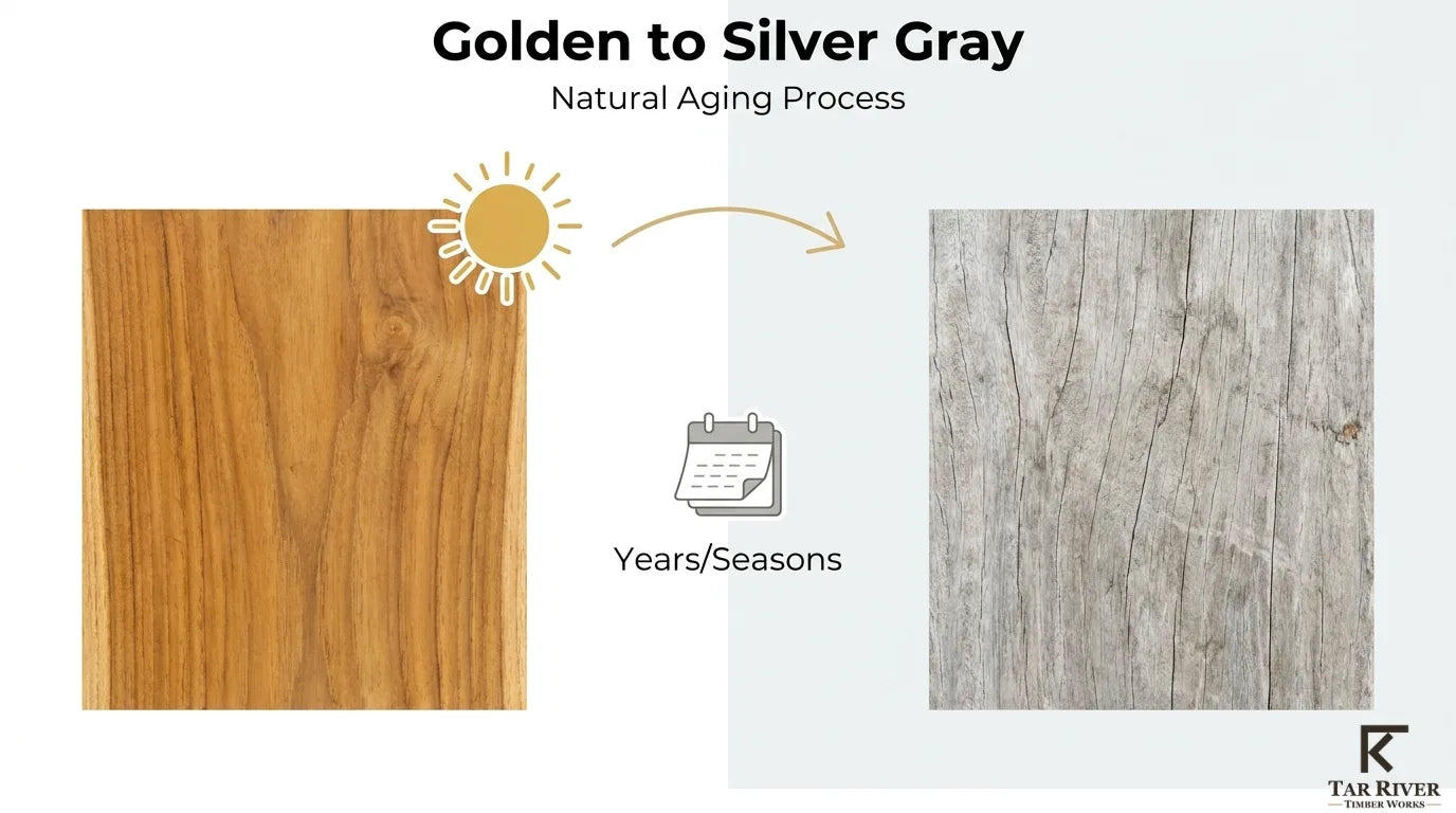 Natural teak aging process showing golden brown wood turning silver gray over time.