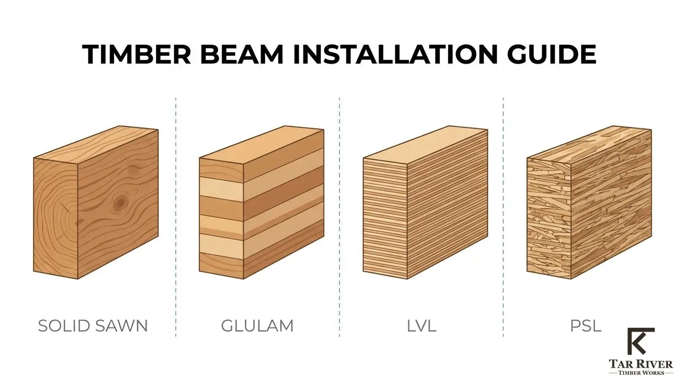 Timber beam installation guide comparing solid-sawn, glulam, LVL, and PSL structural beams.