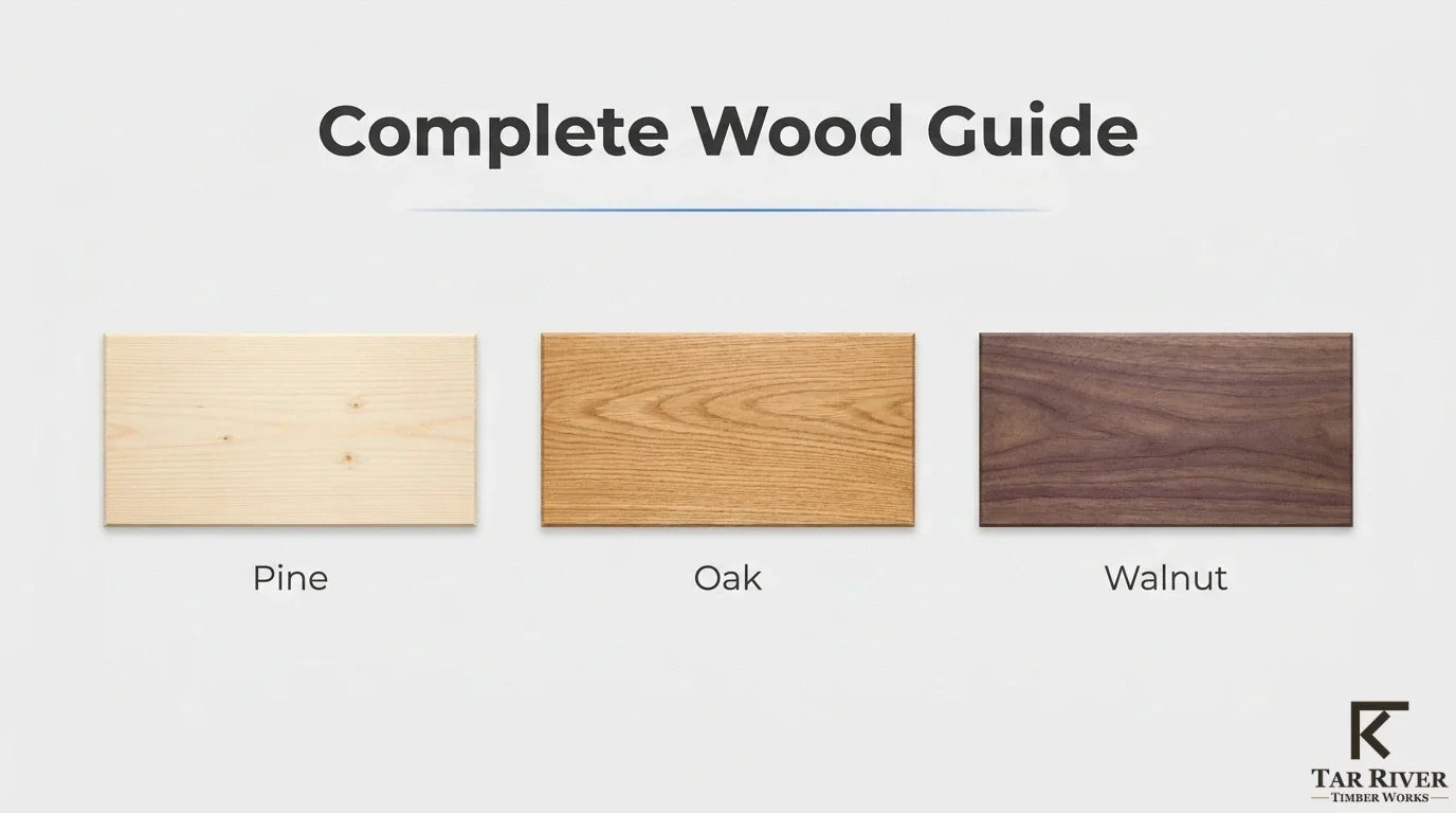 Pine, oak, and walnut wood grain samples compared in a complete desk wood guide.