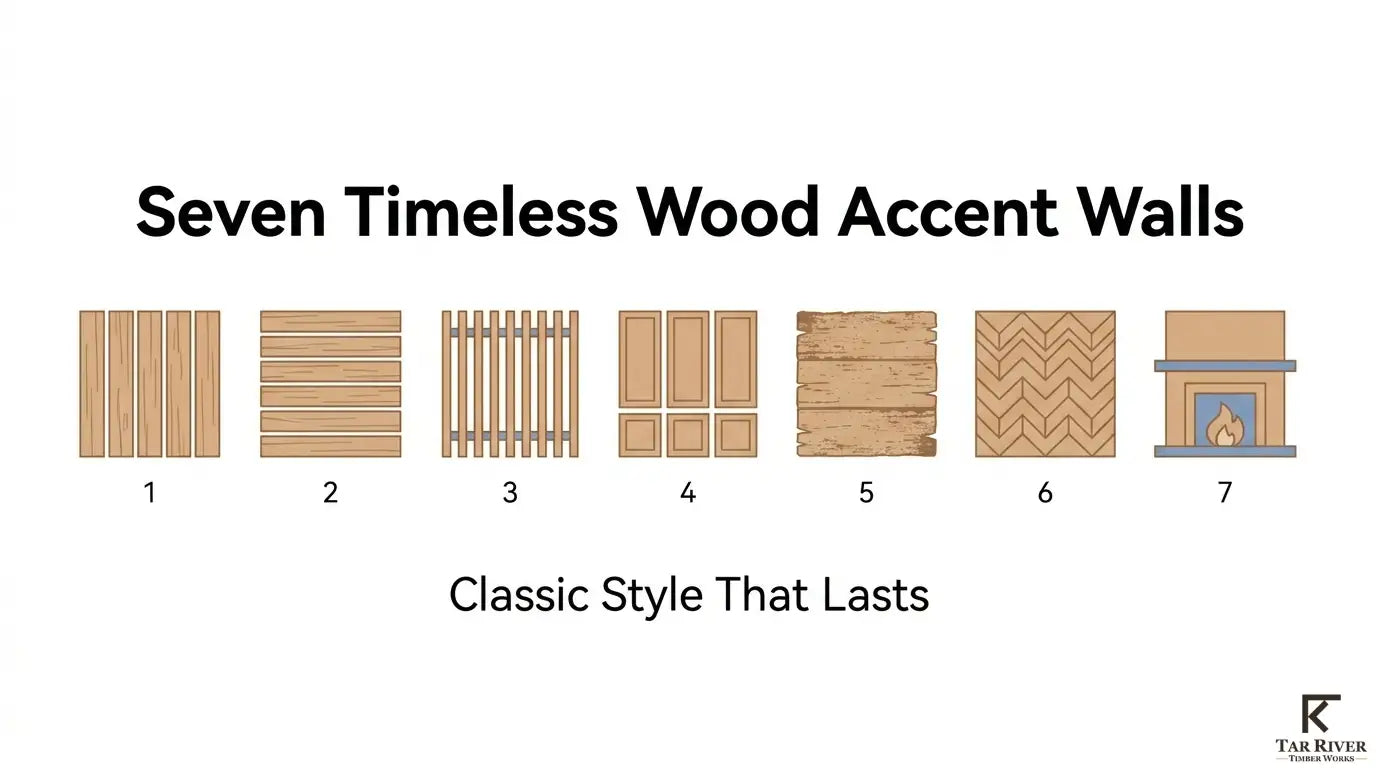 Seven timeless wood accent wall styles featuring vertical planks, horizontal boards, slats, paneling, rustic wood, chevron patterns, and fireplace surrounds.
