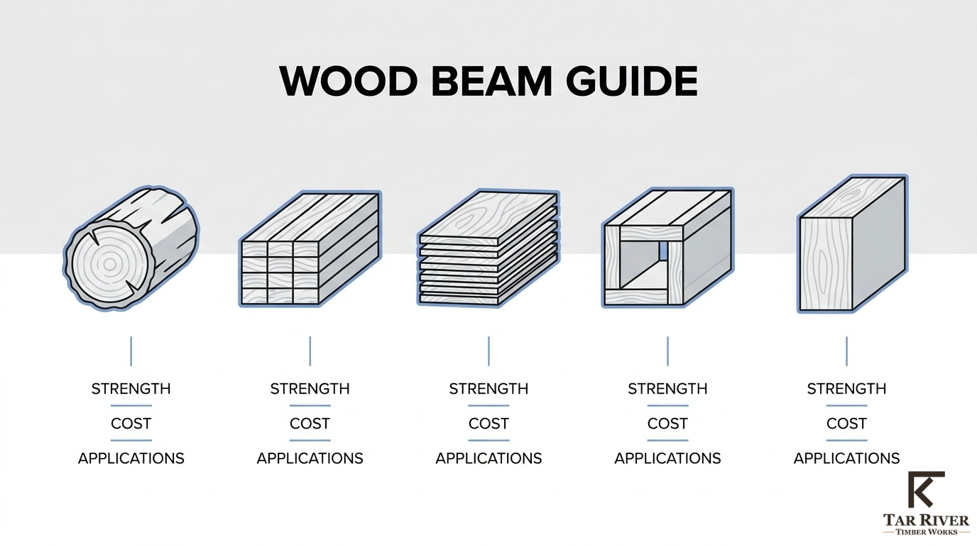 Wood beam guide comparing common beam types by strength, cost, and applications.