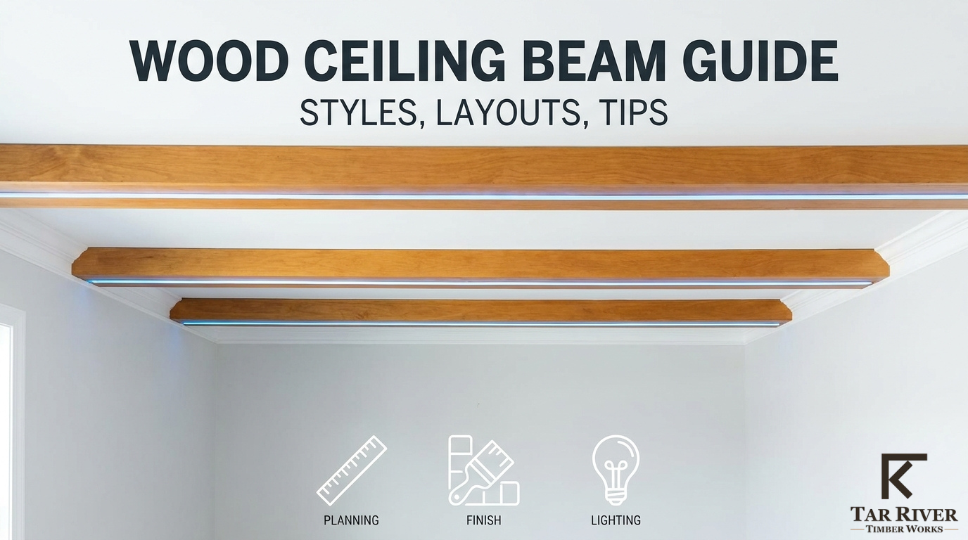 Wood Ceiling Beam Guide (Featured Image): Interior room featuring exposed natural wood ceiling beams with integrated lighting, highlighting wood ceiling beam styles, layouts, and design tips.