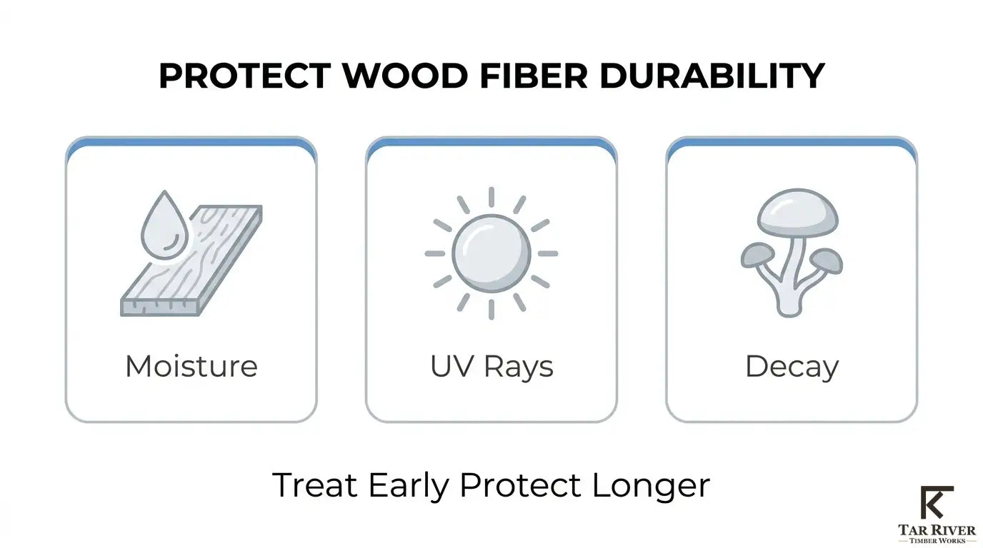 Wood durability infographic showing protection against moisture, UV exposure, and decay to help extend wood service life.