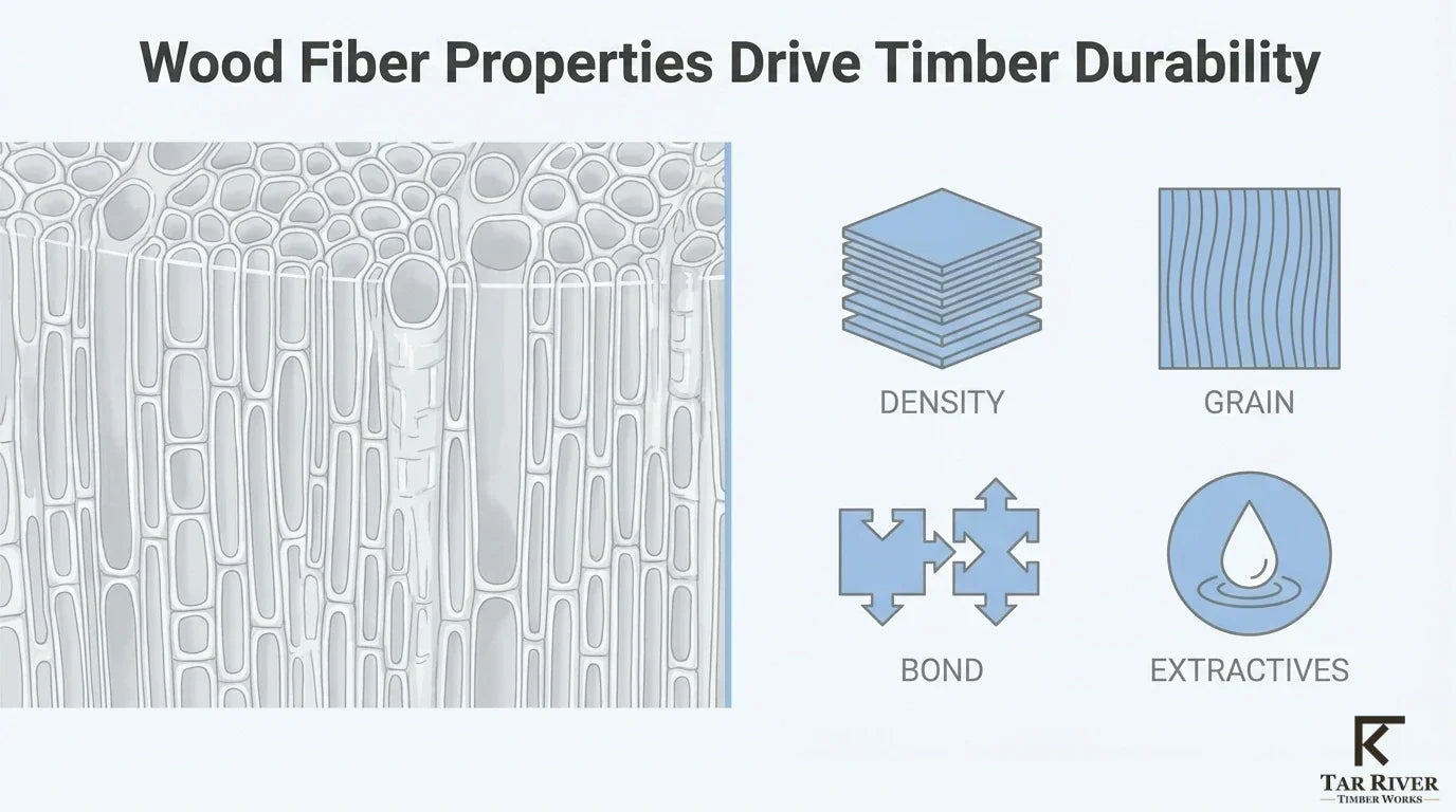 Wood fiber structure with density, grain, fiber bonds, and extractives affecting timber durability.