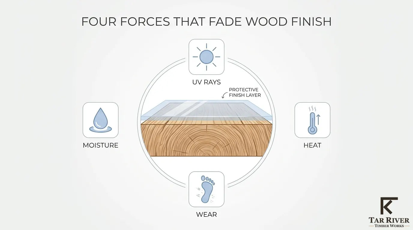 Four factors that fade wood finishes: UV rays, moisture, heat, and surface wear.