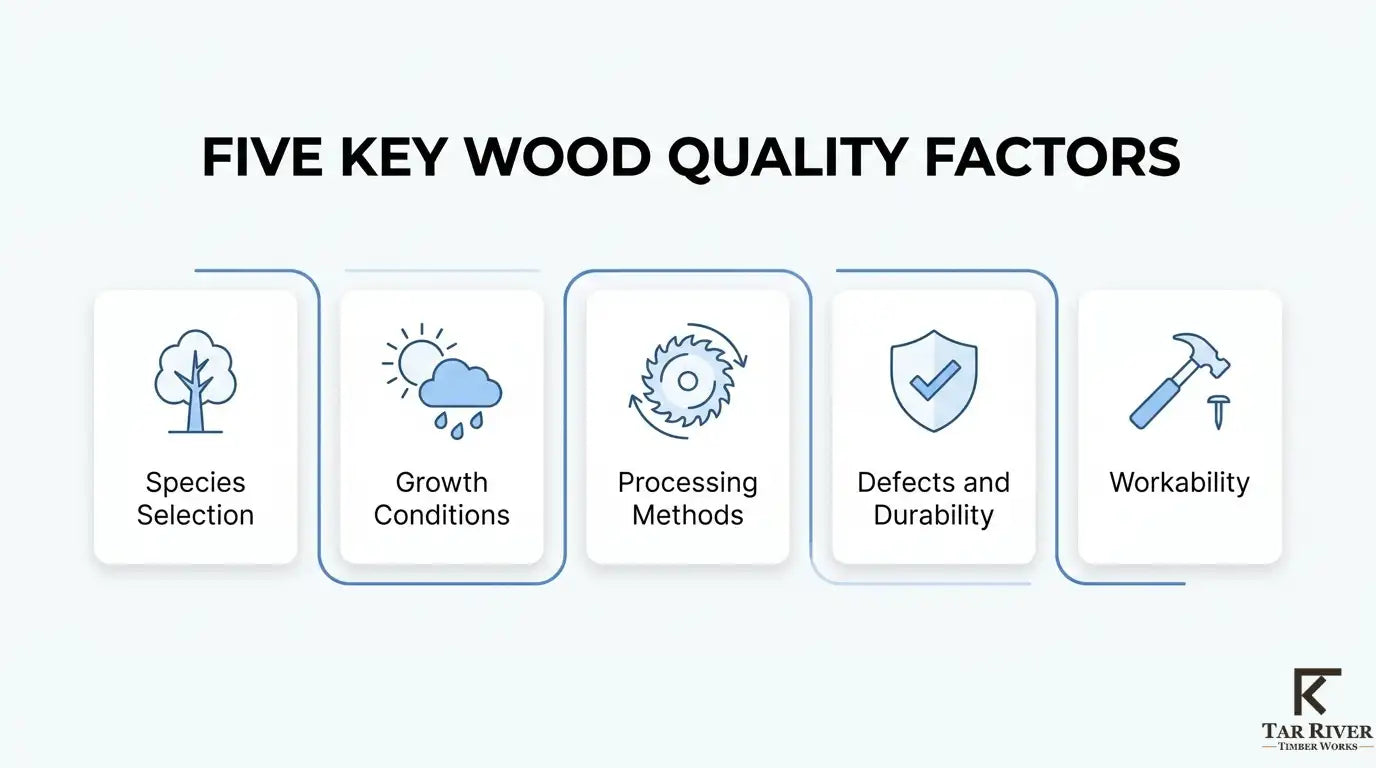 Five wood quality factors: species selection, growth conditions, processing methods, defects and durability, and workability.