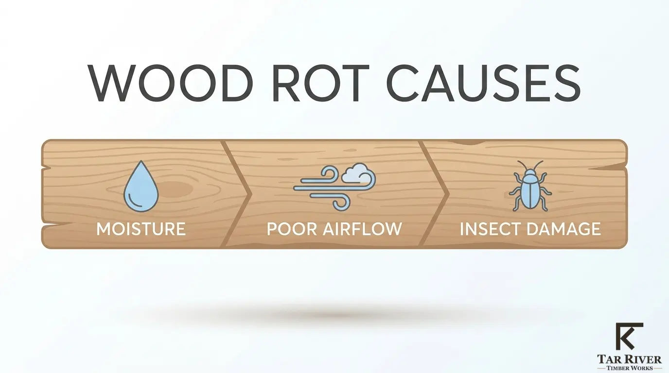 Wood rot causes including excess moisture, poor airflow, and insect damage.