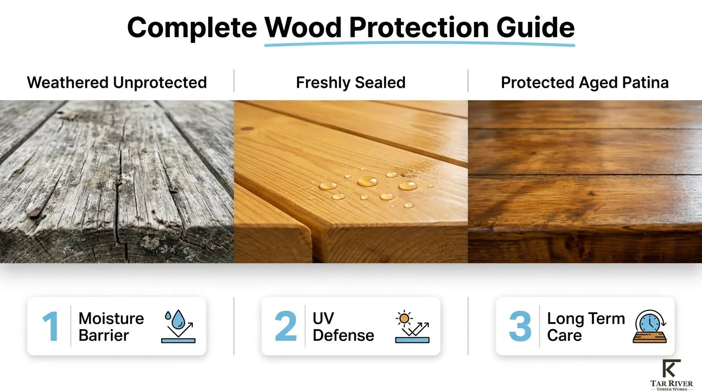 Complete wood protection guide comparing weathered unprotected wood, freshly sealed wood, and protected aged wood.