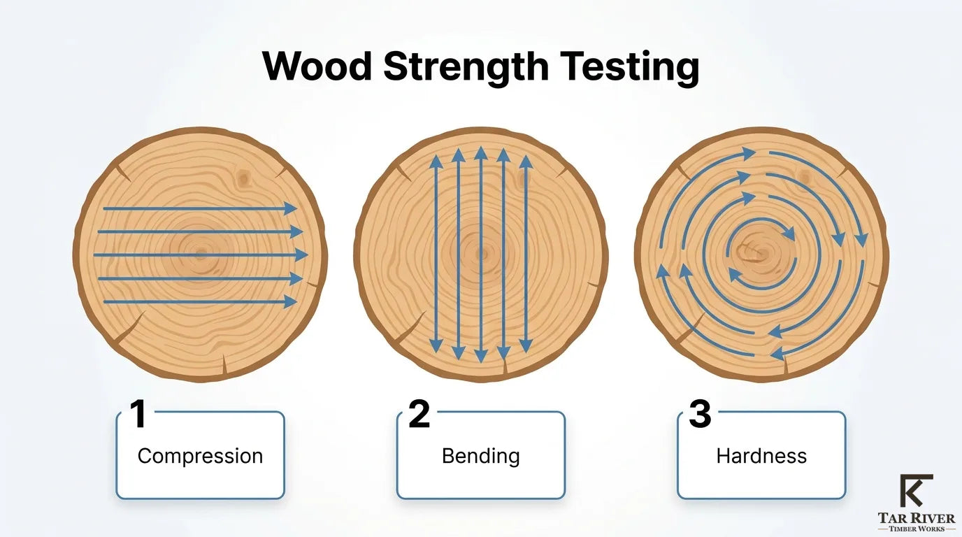 Wood strength testing illustration showing compression, bending, and hardness tests on log cross-sections.