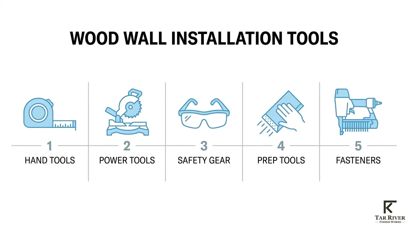 Wood wall installation tools overview showing hand tools, power tools, safety gear, preparation tools, and fasteners.